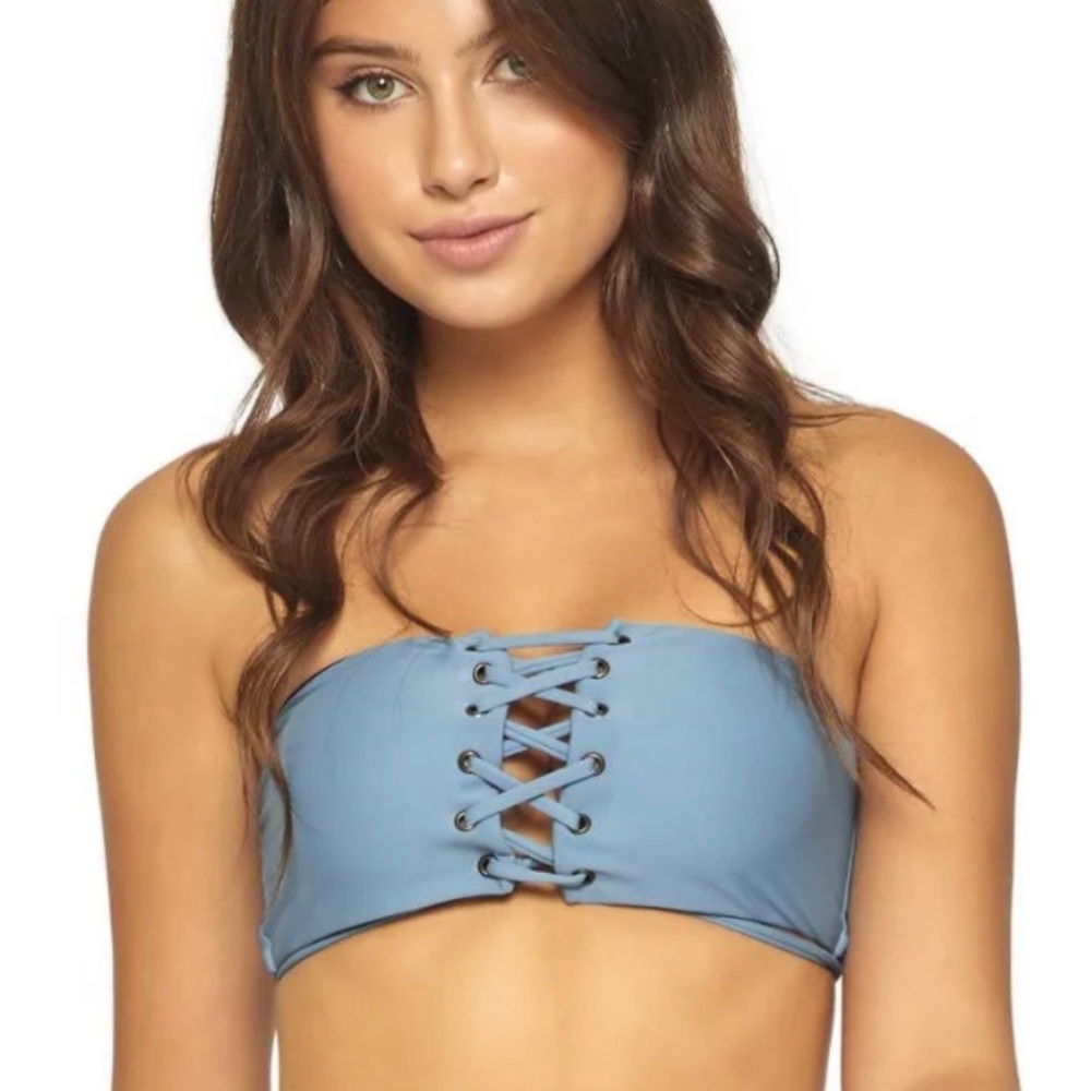 PilyQ Sky Blue Lace Up Bandeau Bikini Top. Size small